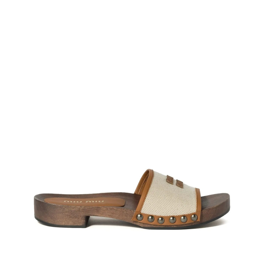 MIU MIU LOGO-EMBOSSED LEATHER MULES BROWN