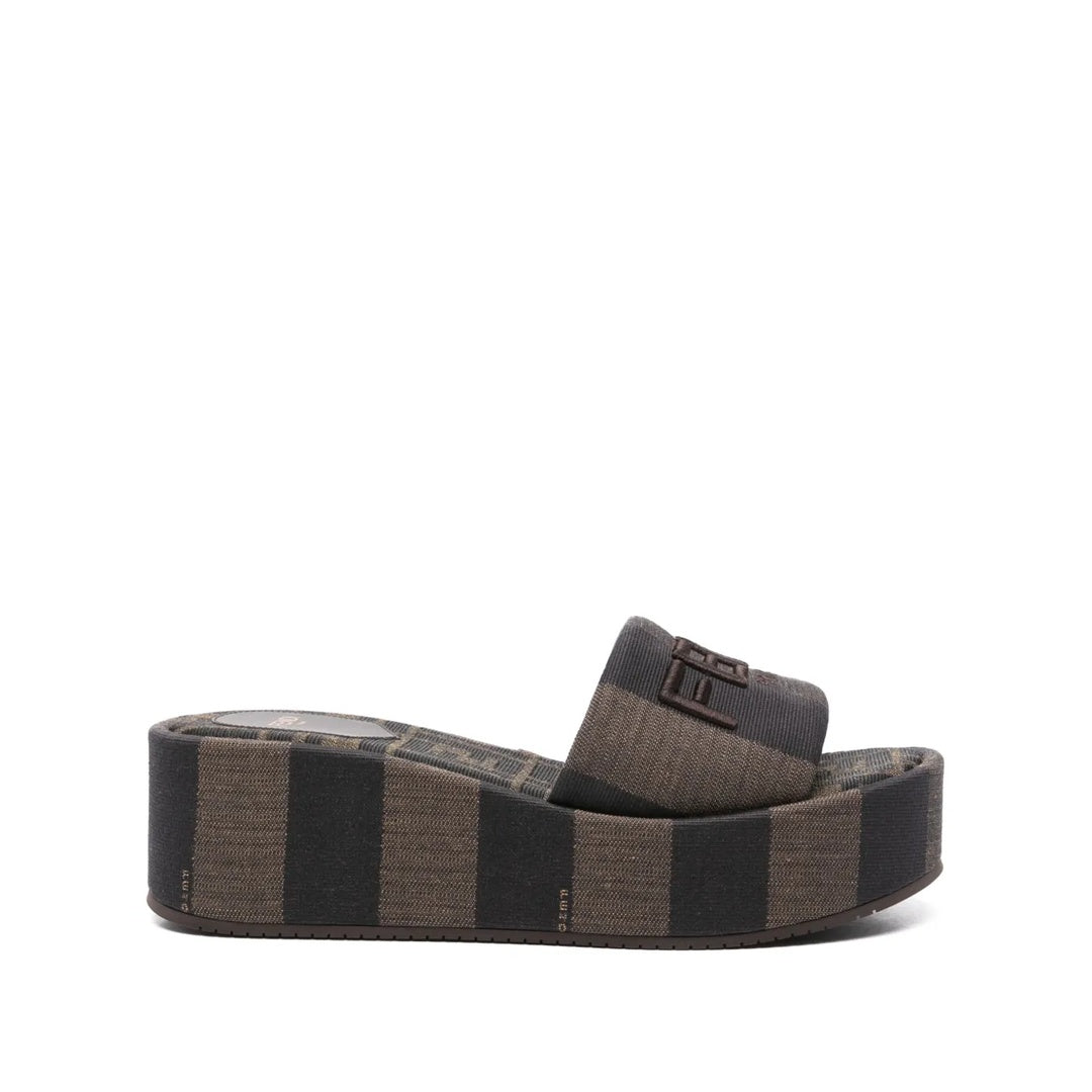 FENDI SUNSHINE PEQUIN STRIPED PLATFORM SANDALS BROWN