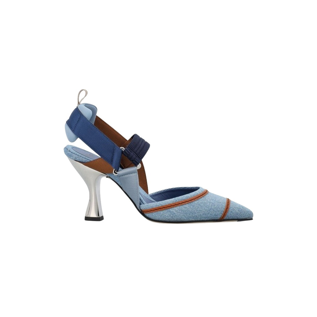 FENDI 85MM COLIBRÌ MIXED-MEDIA ICONIC SLINGBACK PUMPS LIGHT BLUE