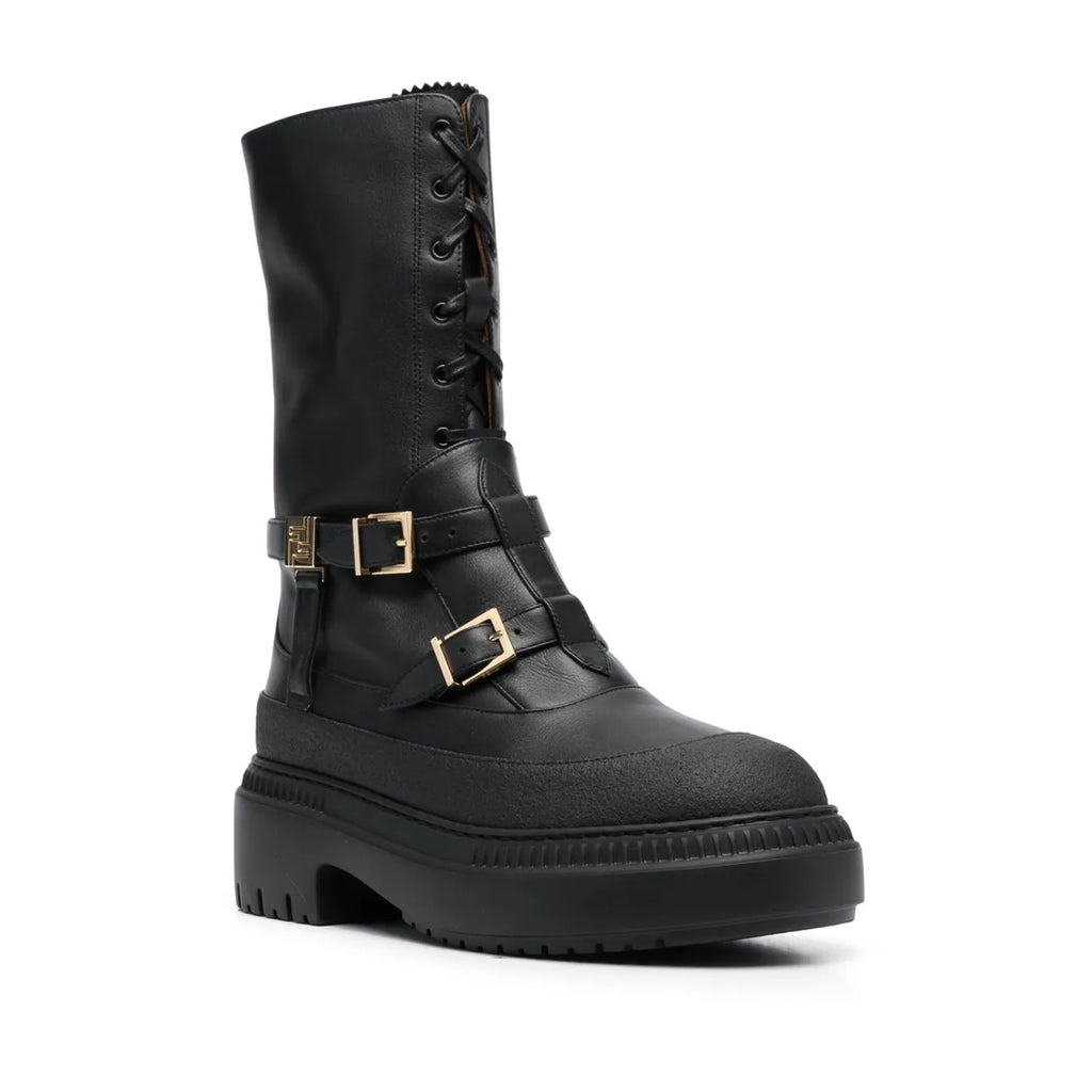 FENDI FILO PEBBLED VITELLO LEATHER BIKER BOOTS BLACK