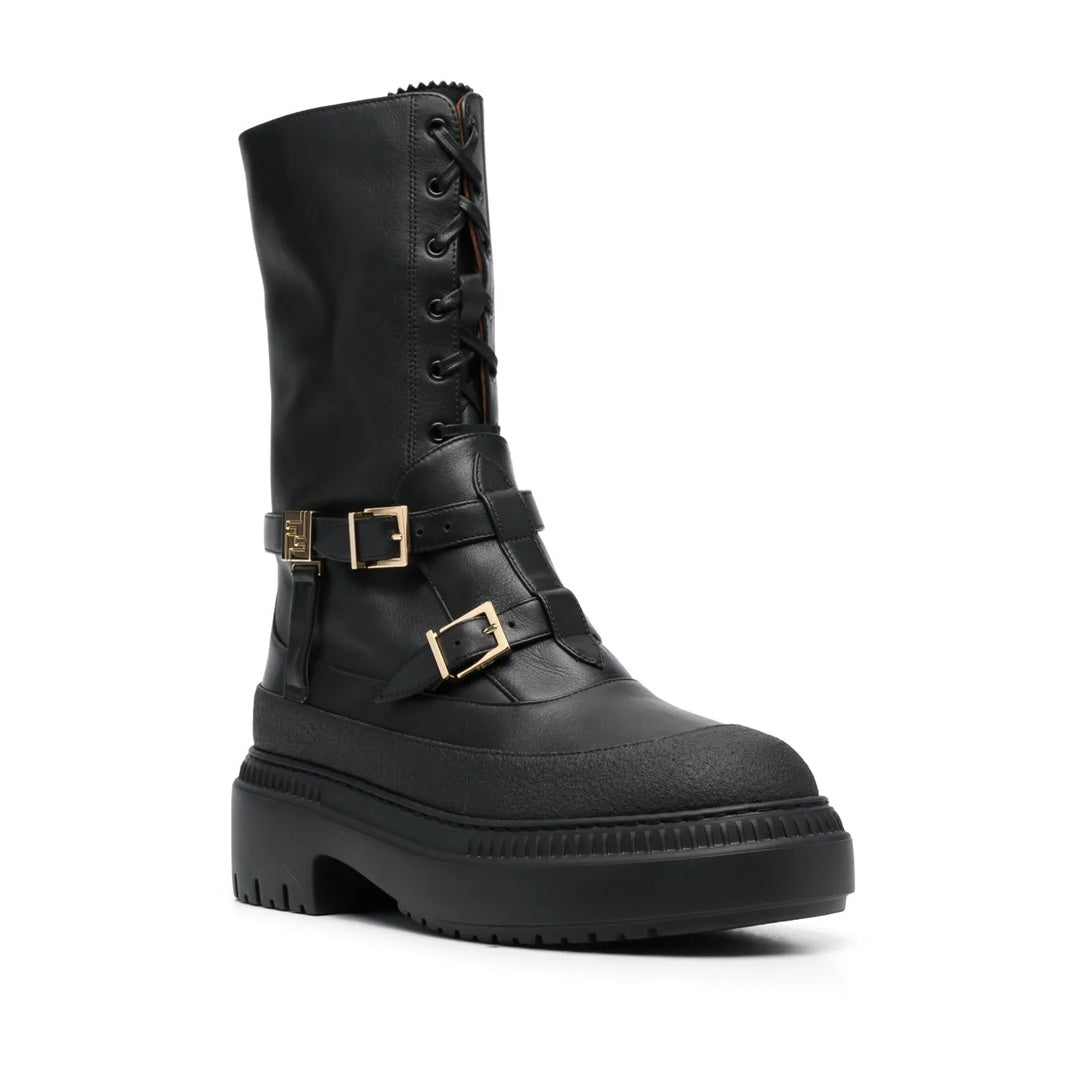 FENDI FILO PEBBLED VITELLO LEATHER BIKER BOOTS BLACK