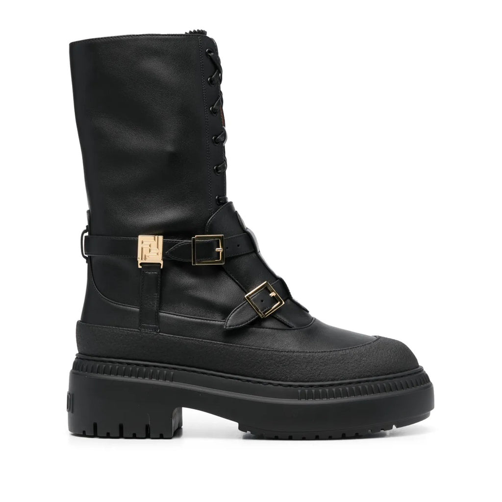 FENDI FILO PEBBLED VITELLO LEATHER BIKER BOOTS BLACK