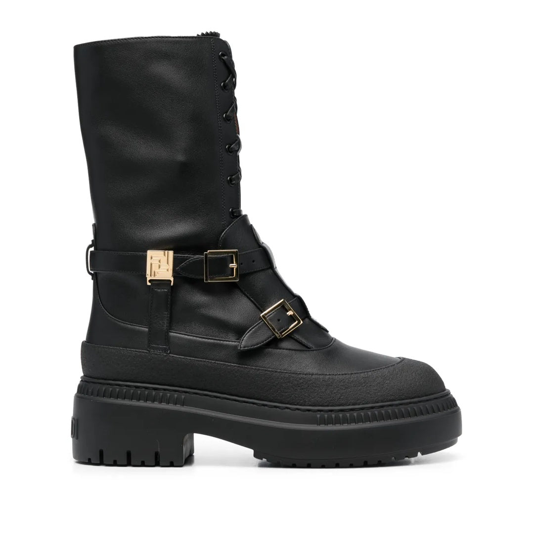 FENDI FILO PEBBLED VITELLO LEATHER BIKER BOOTS BLACK