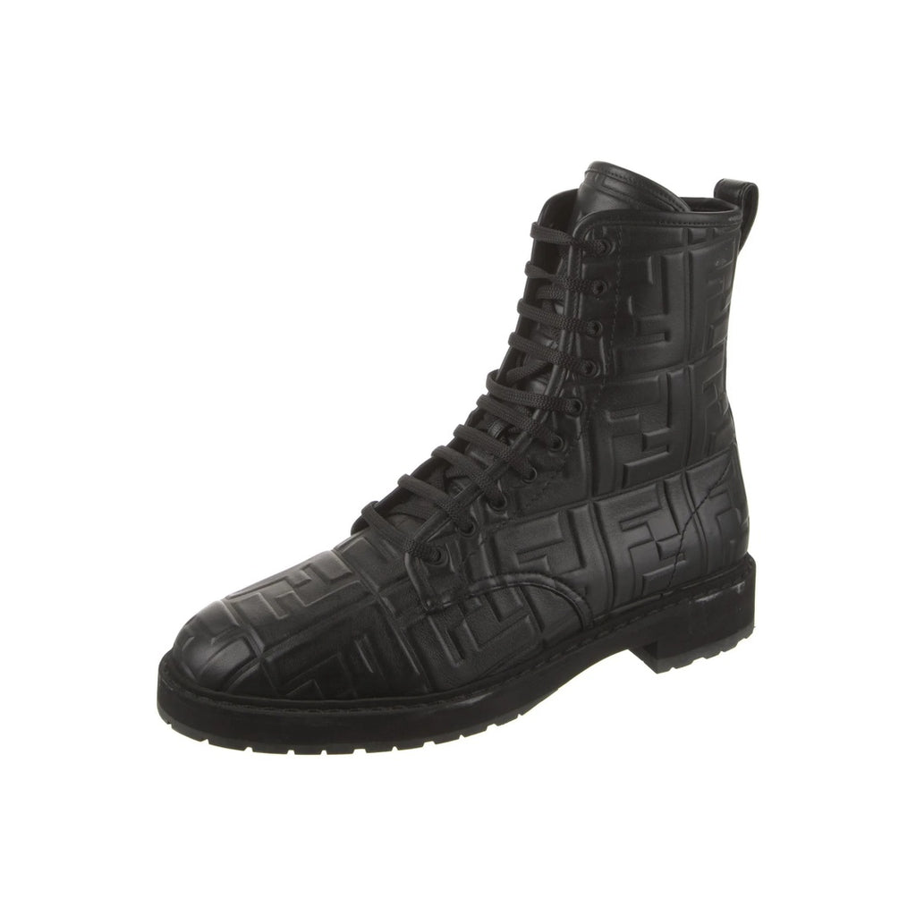 FENDI FILO FF LEATHER COMBAT BOOTS BLACK