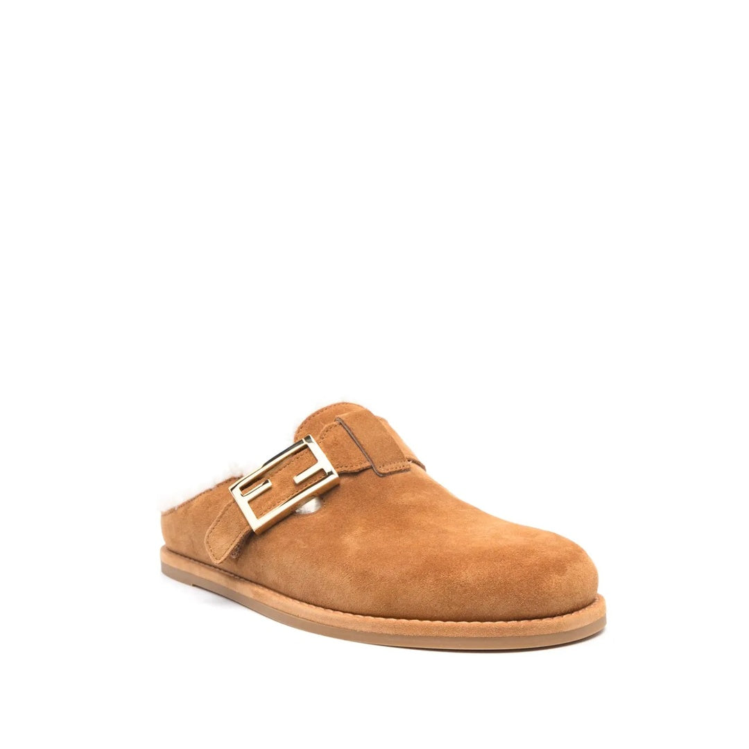 FENDI APRES CHIC SHEARLING-LINED SUEDE PLATFORM MULES BROWN