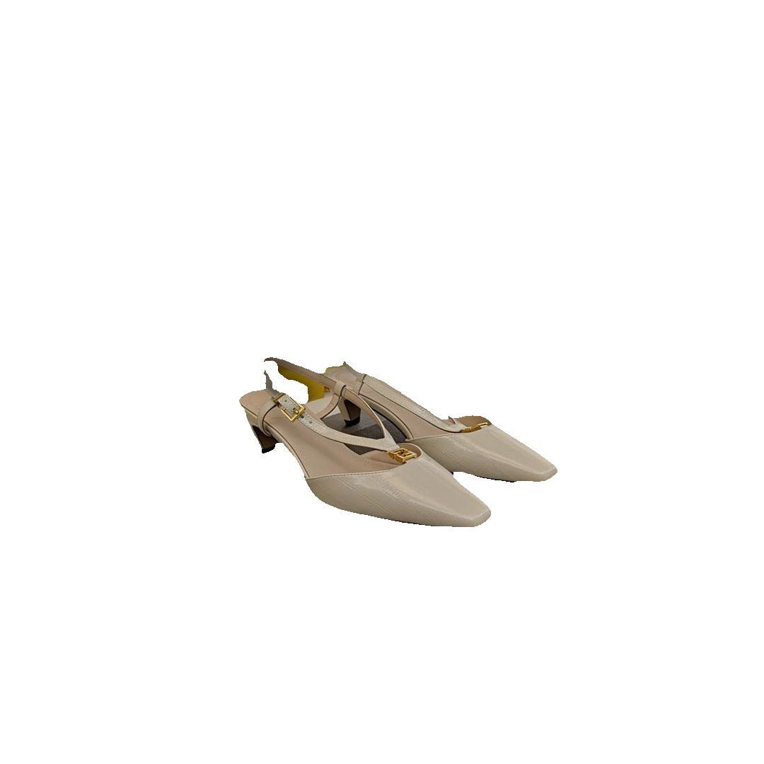 FENDI FFOLD PANELED LEATHER SLINGBACK FLATS CREAM
