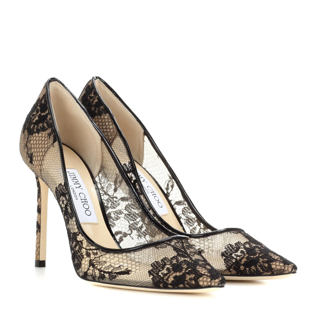 JIMMY CHOO ROMY LACE HEELED PUMPS BLACK