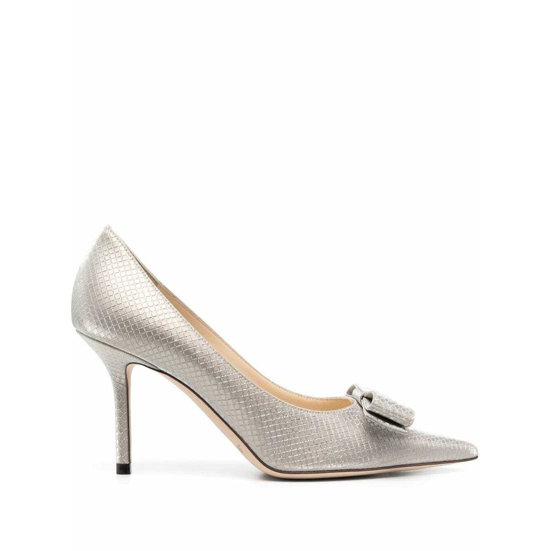 JIMMY CHOO LIVI GINGHAM BOW WEDGE MULES SILVER