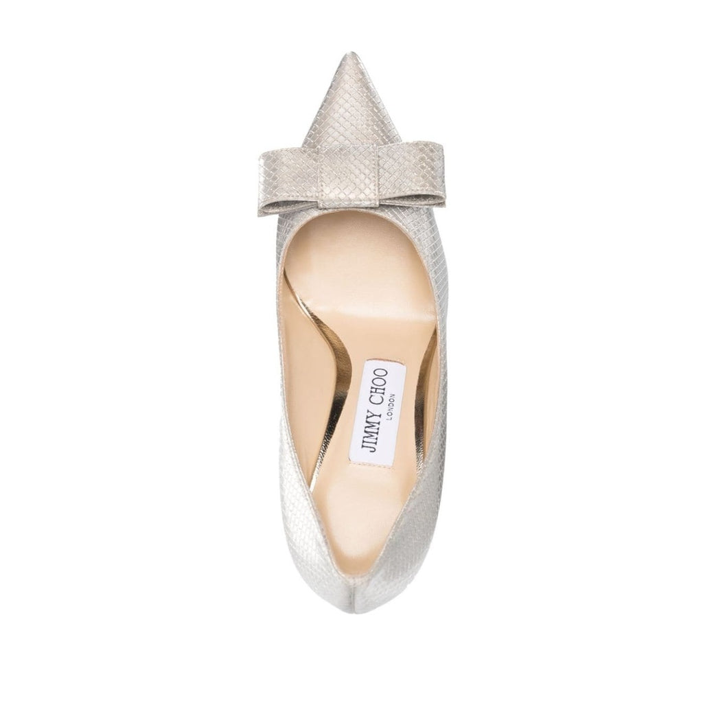 JIMMY CHOO LIVI GINGHAM BOW WEDGE MULES SILVER