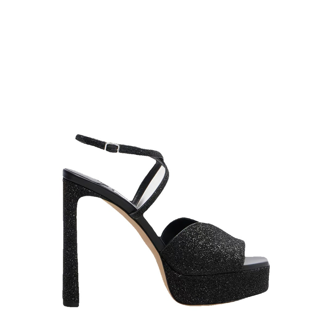 JIMMY CHOO KARLI GLITTER PLATFORM SANDALS BLACK