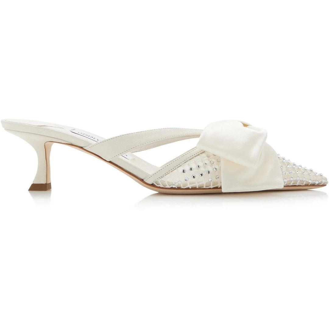 JIMMY CHOO FLACA CRYSTAL MESH MULES WITH SATIN BOWS IVORY