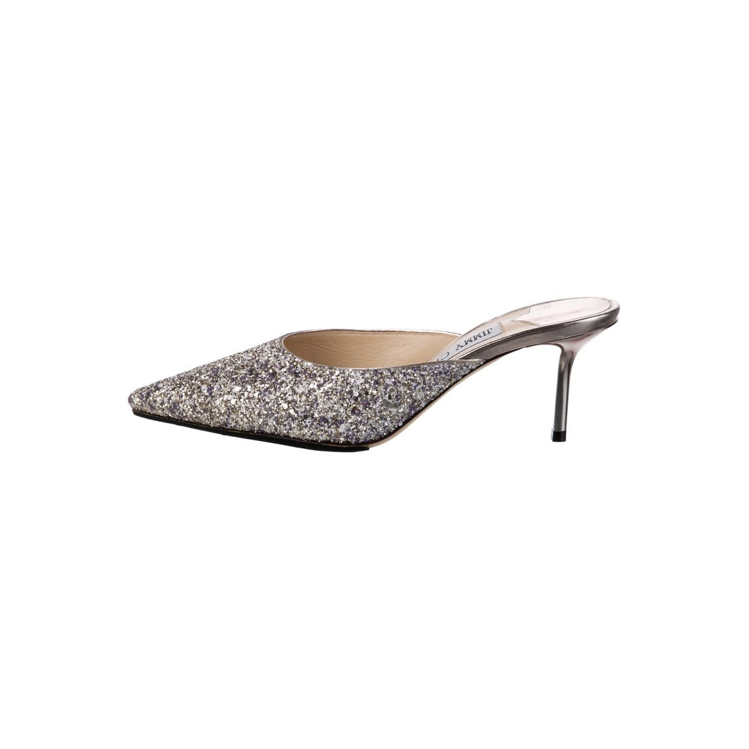 JIMMY CHOO JELLY DROP GLITTER HEELED MULES SILVER