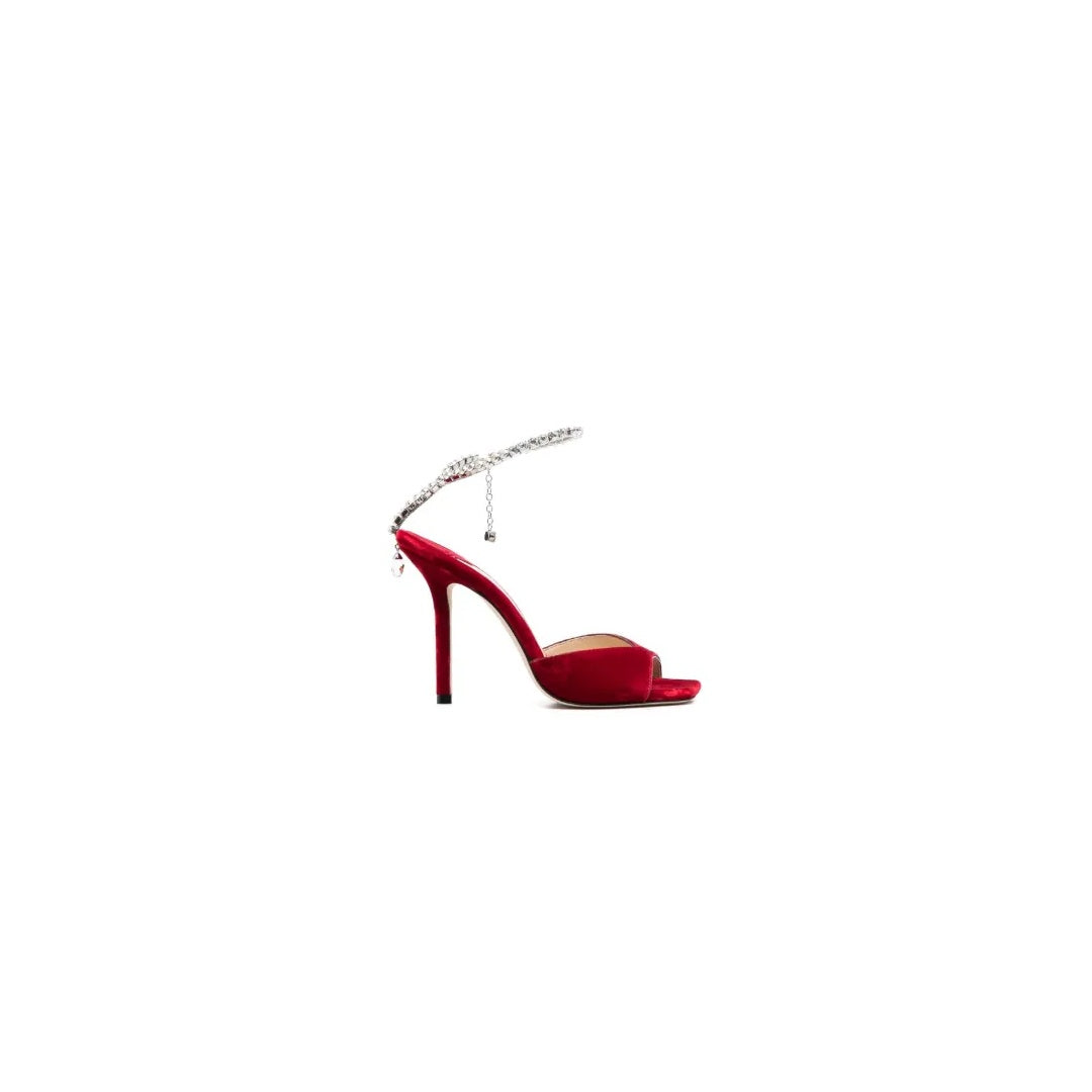 JIMMY CHOO CRYSTAL-EMBELLISHED SATIN SANDALS RED