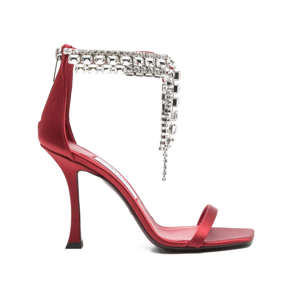 JIMMY CHOO CRYSTAL-EMBELLISHED SATIN SANDALS RED