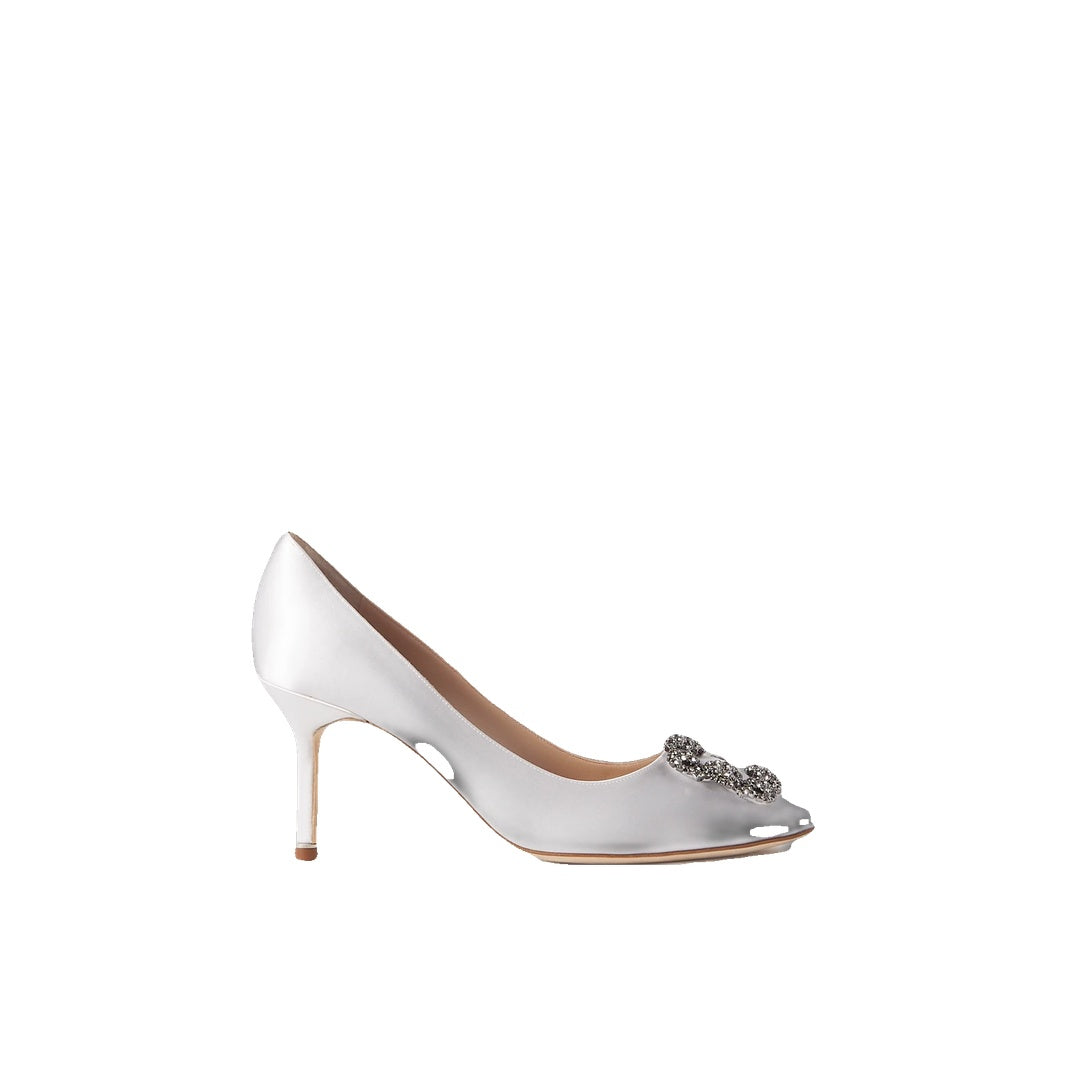 MANOLO BLAHNIK HANGISI CRYSTAL-BUCKLE PUMPS WHITE