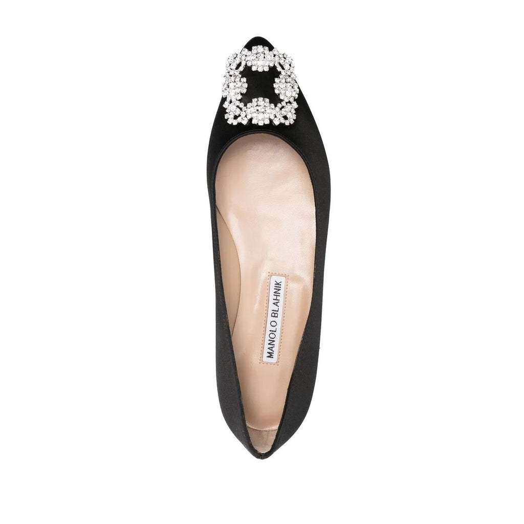 MANOLO BLAHNIK HANGISI FLAT CRYSTAL-BUCKLE BALLET FLATS BLACK