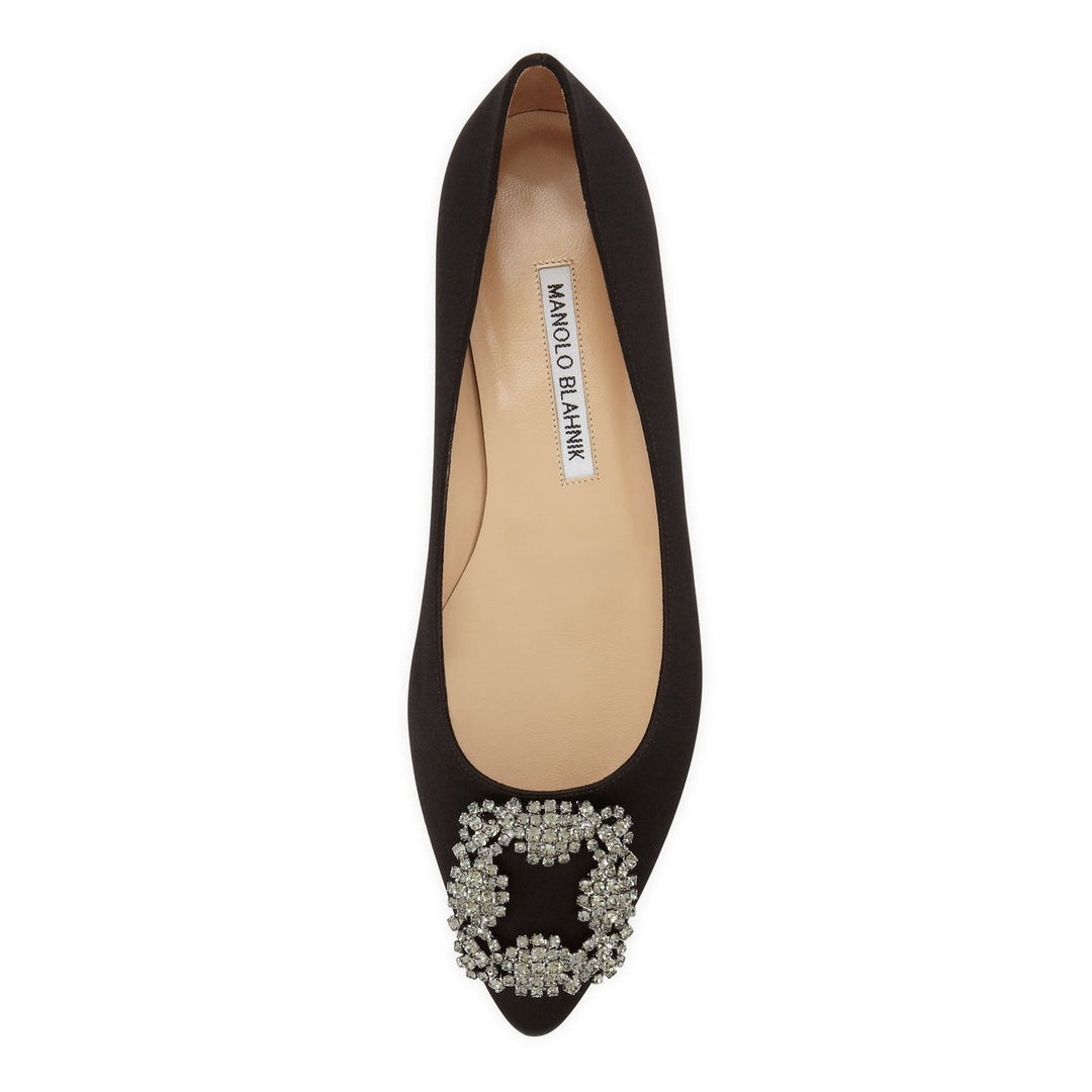 MANOLO BLAHNIK HANGISI FLAT CRYSTAL-BUCKLE BALLET FLATS BLACK