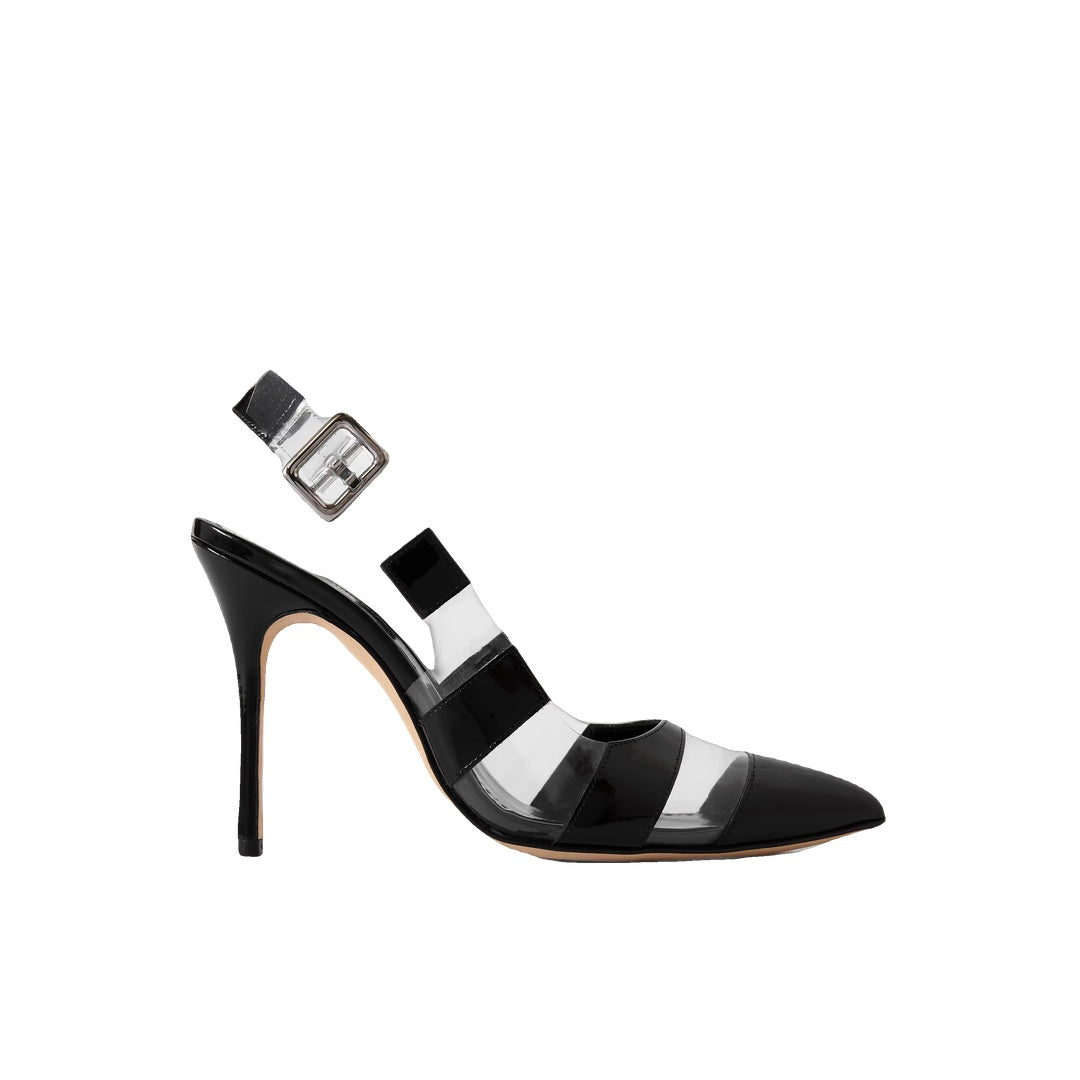 MANOLO BLAHNIK UXRA PATENT-LEATHER AND PVC SLINGBACK PUMPS BLACK