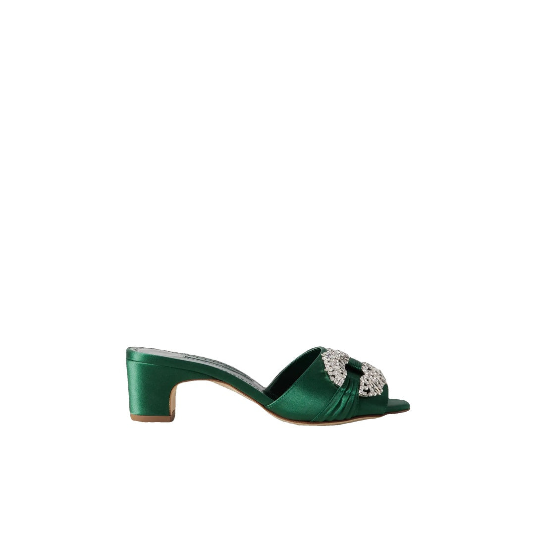 MANOLO BLAHNIK MARTANEW SATIN MULES WITH CRYSTAL BUCKLE GREEN