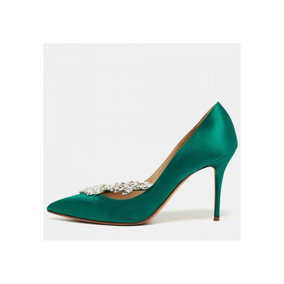 MANOLO BLAHNIK SATIN JEWEL NADIRA POINTED TOE PUMPS GREEN