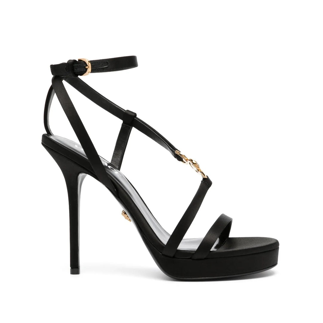 VERSACE SATIN LOGO-EMBELLISHED SANDALS BLACK