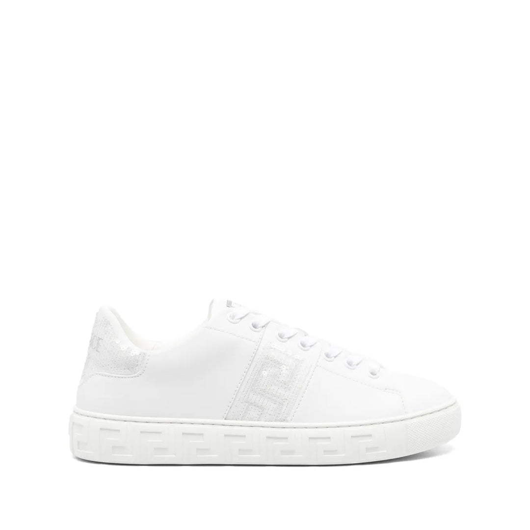 VERSACE LEATHER SNEAKERS WITH GREEK EMBROIDERY WHITE