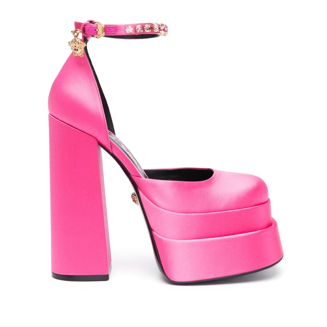 VERSACE SATIN CRYSTAL MEDUSA PLATFORMS PINK