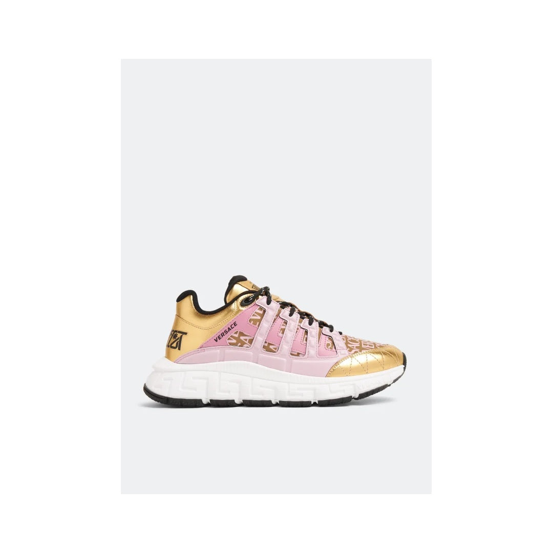 VERSACE LEATHER AND LUREX FABRIC TRIGRECA SNEAKERS GOLD