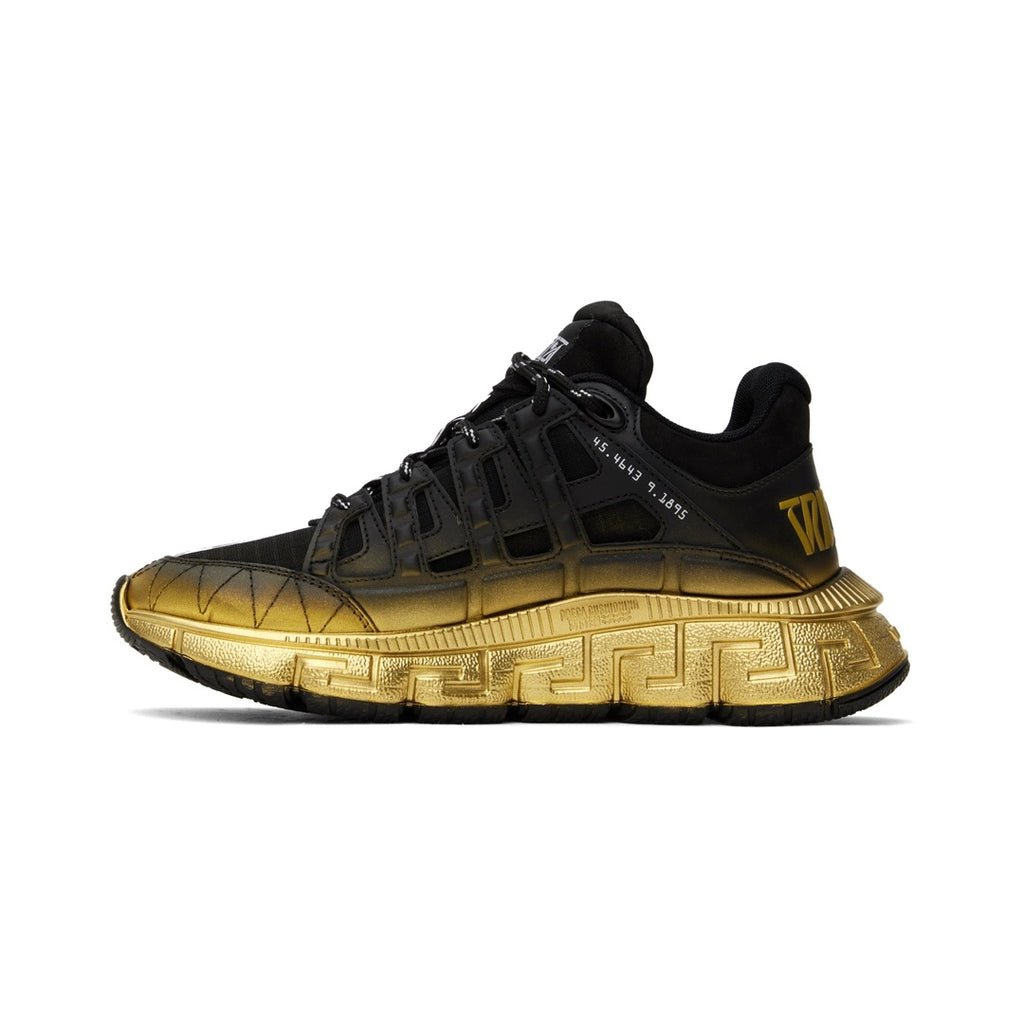 VERSACE LEATHER AND LUREX FABRIC TRIGRECA SNEAKERS GOLD