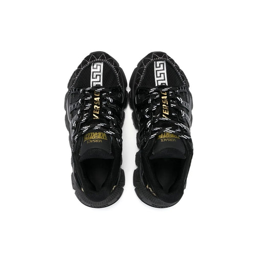 VERSACE LEATHER TRIGRECA LACE UP SNEAKERS BLACK