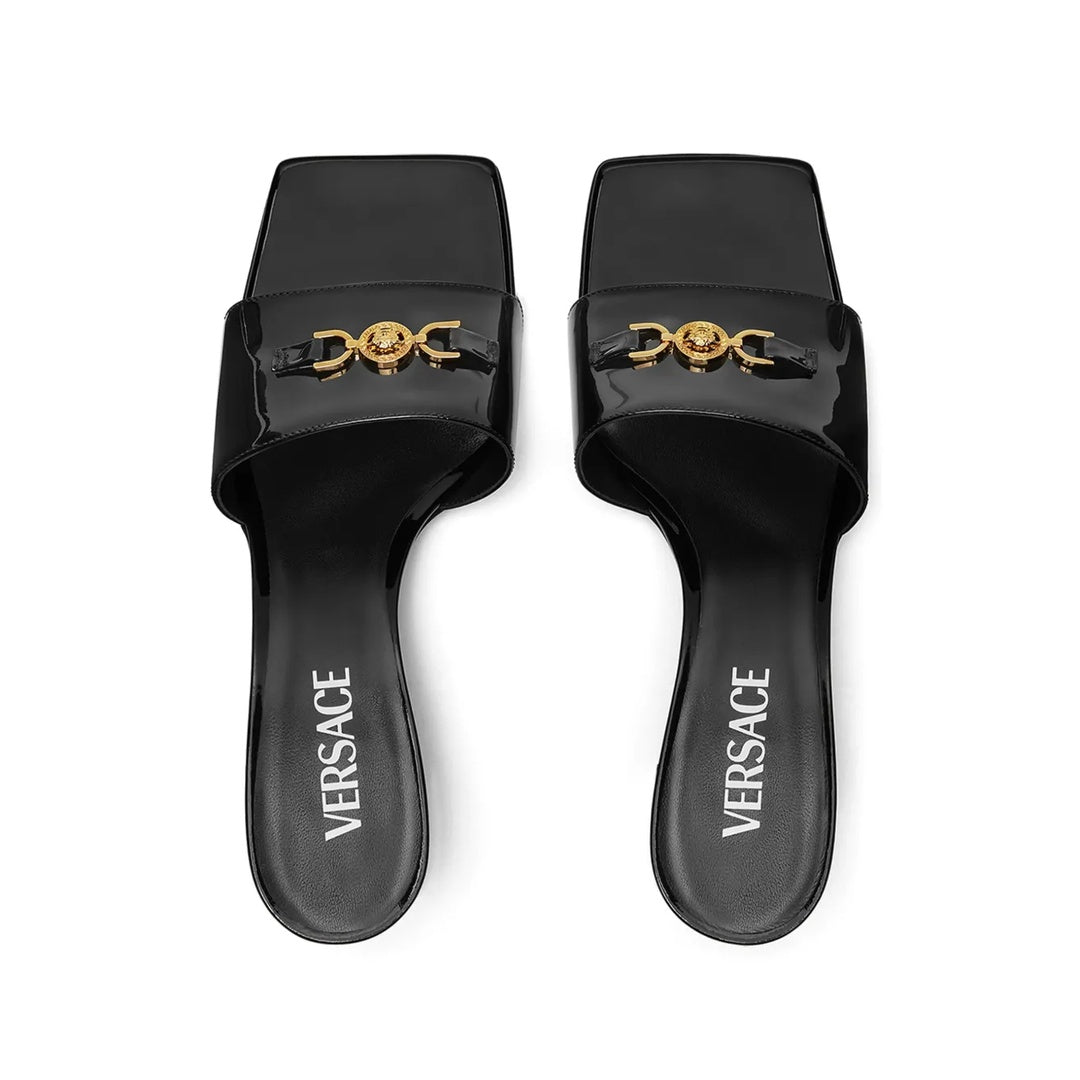 VERSACE BLACK LEATHER STILETTO HEEL SANDALS BLACK
