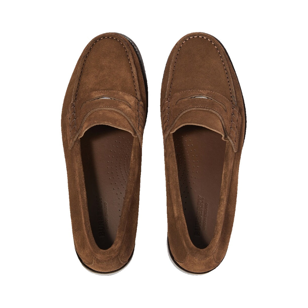 BURBERRY FAWN SUEDE PENNY LOAFERS BROWN