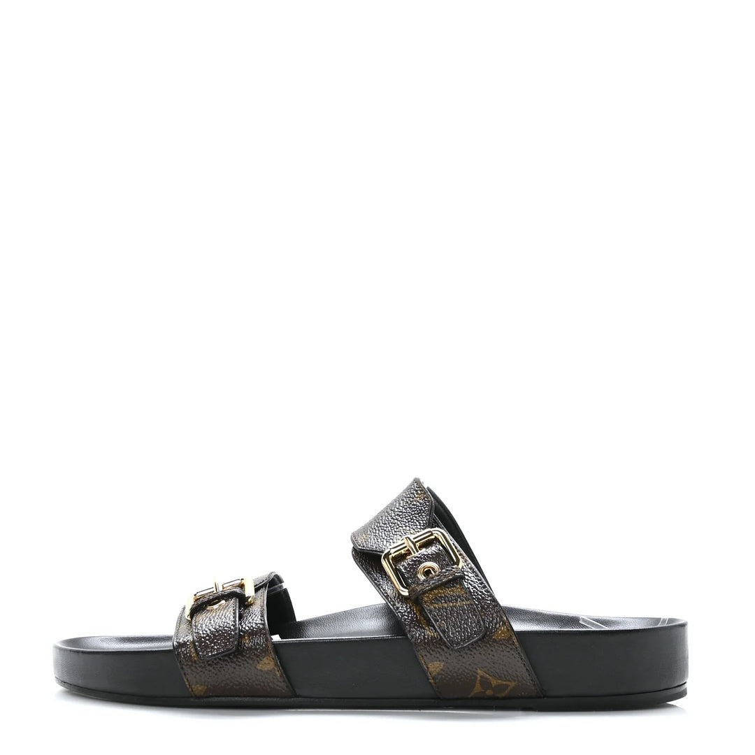 LOUIS VUITTON PATENT MONOGRAM BOM DIA FLAT MULE SANDAL BLACK