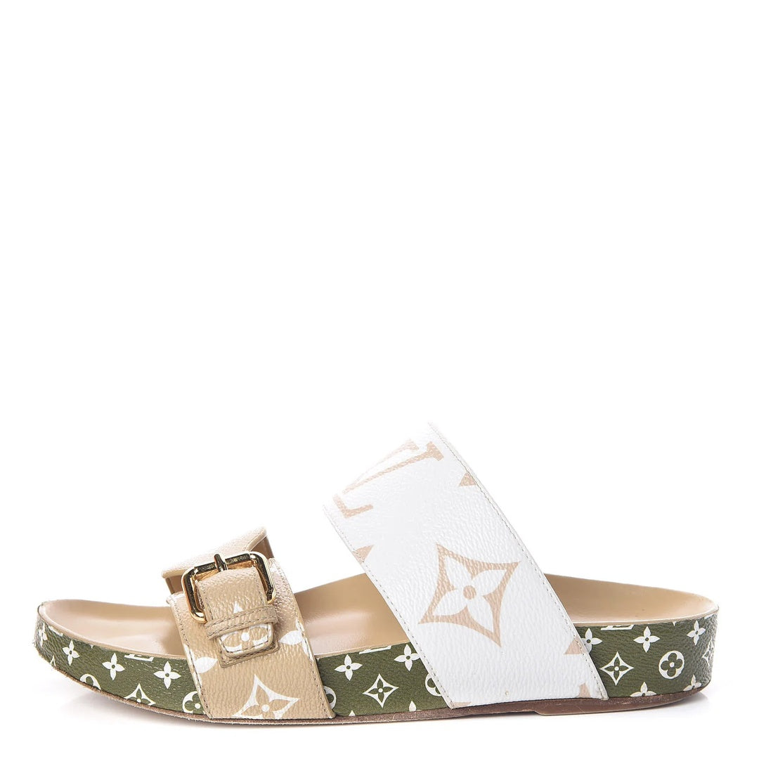 LOUIS VUITTON MONOGRAM GIANT BOM DIA FLAT MULE WHITE MOKA GREEN
