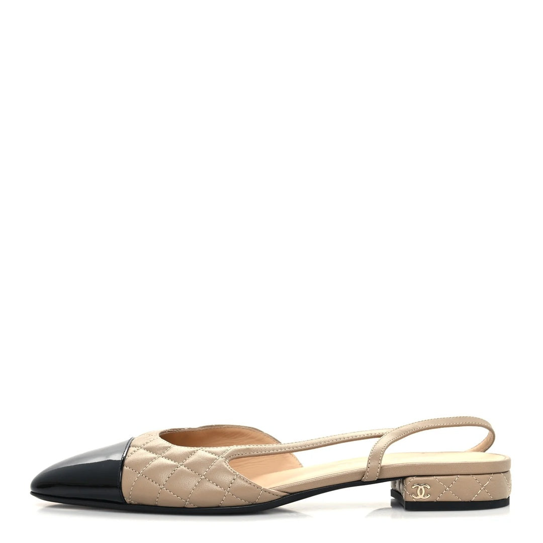 CHANEL LAMBSKIN PATENT CAP TOE CC SLINGBACK FLAT BEIGE BLACK