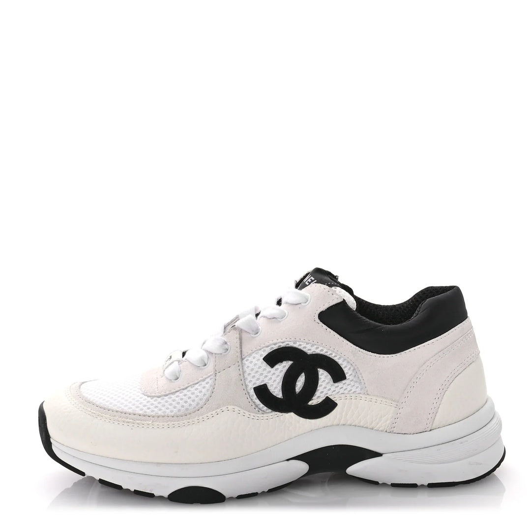CHANEL CALFSKIN SUEDE CC SNEAKER WHITE BLACK