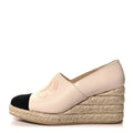 CHANEL LAMBSKIN SUEDE CC ESPADRILLE WEDGE BEIGE BLACK