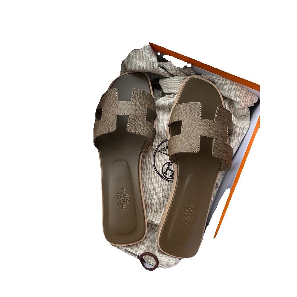 HERMÈS HERMES EPSOM ORAN SANDAL ETOUPE OLIVE BROWN