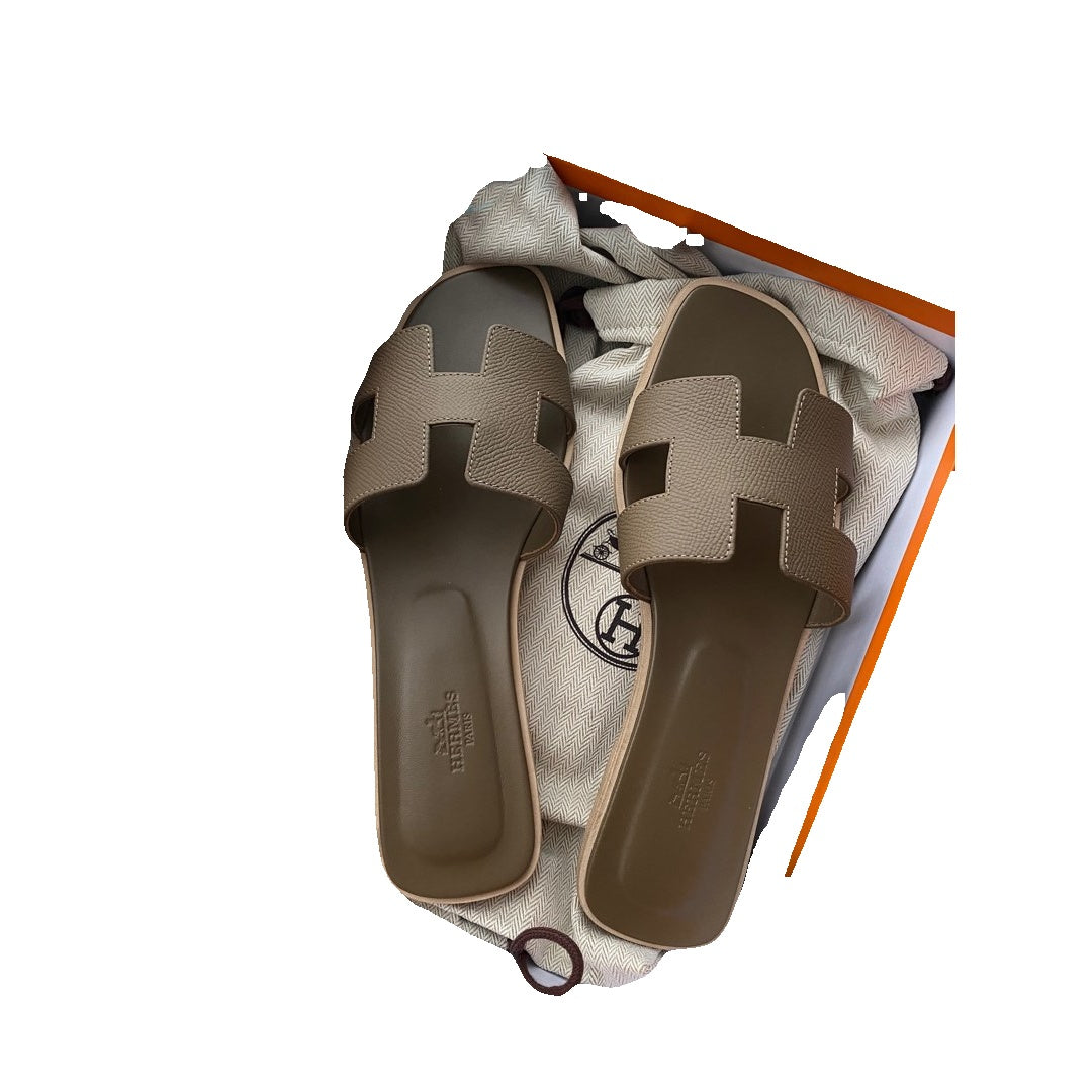 HERMÈS HERMES EPSOM ORAN SANDAL ETOUPE OLIVE BROWN