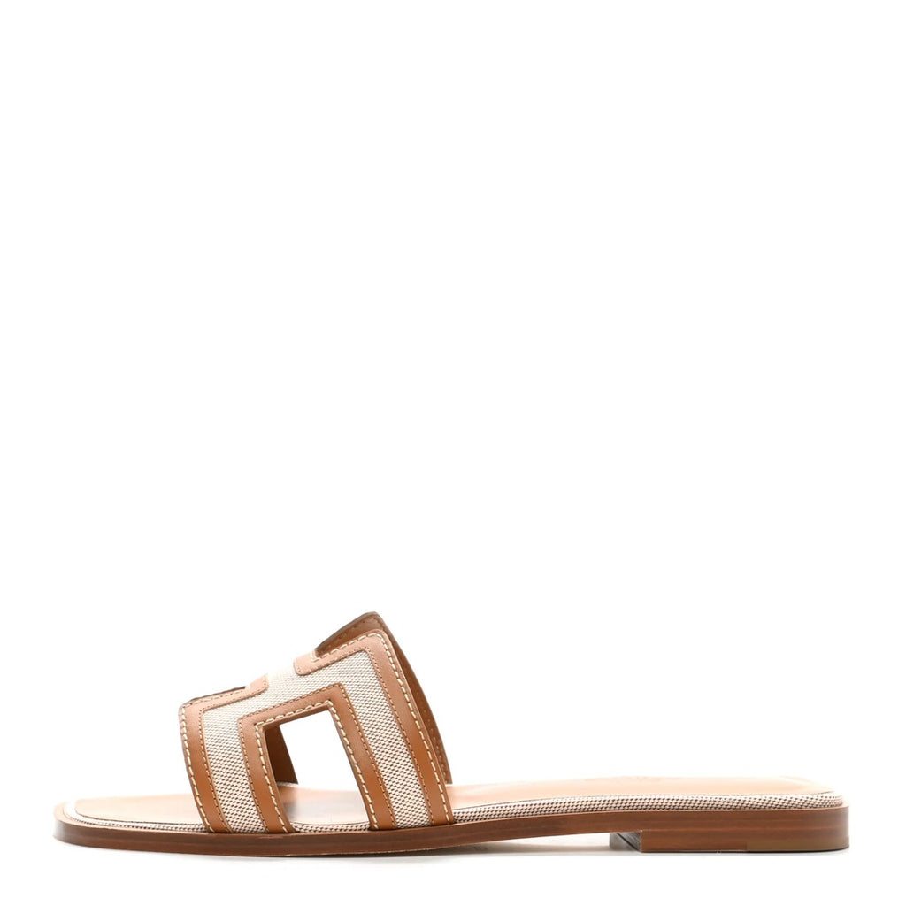 HERMÈS HERMES CALFSKIN CANVAS ORAN SANDAL NOISETTE BEIGE DORE TAN