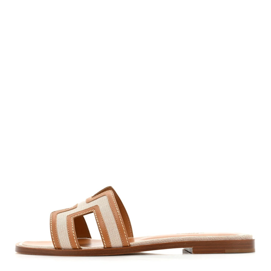HERMÈS HERMES CALFSKIN CANVAS ORAN SANDAL NOISETTE BEIGE DORE TAN