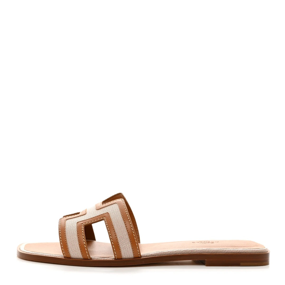 HERMÈS HERMES CALFSKIN CANVAS ORAN SANDAL NOISETTE BEIGE DORE TAN