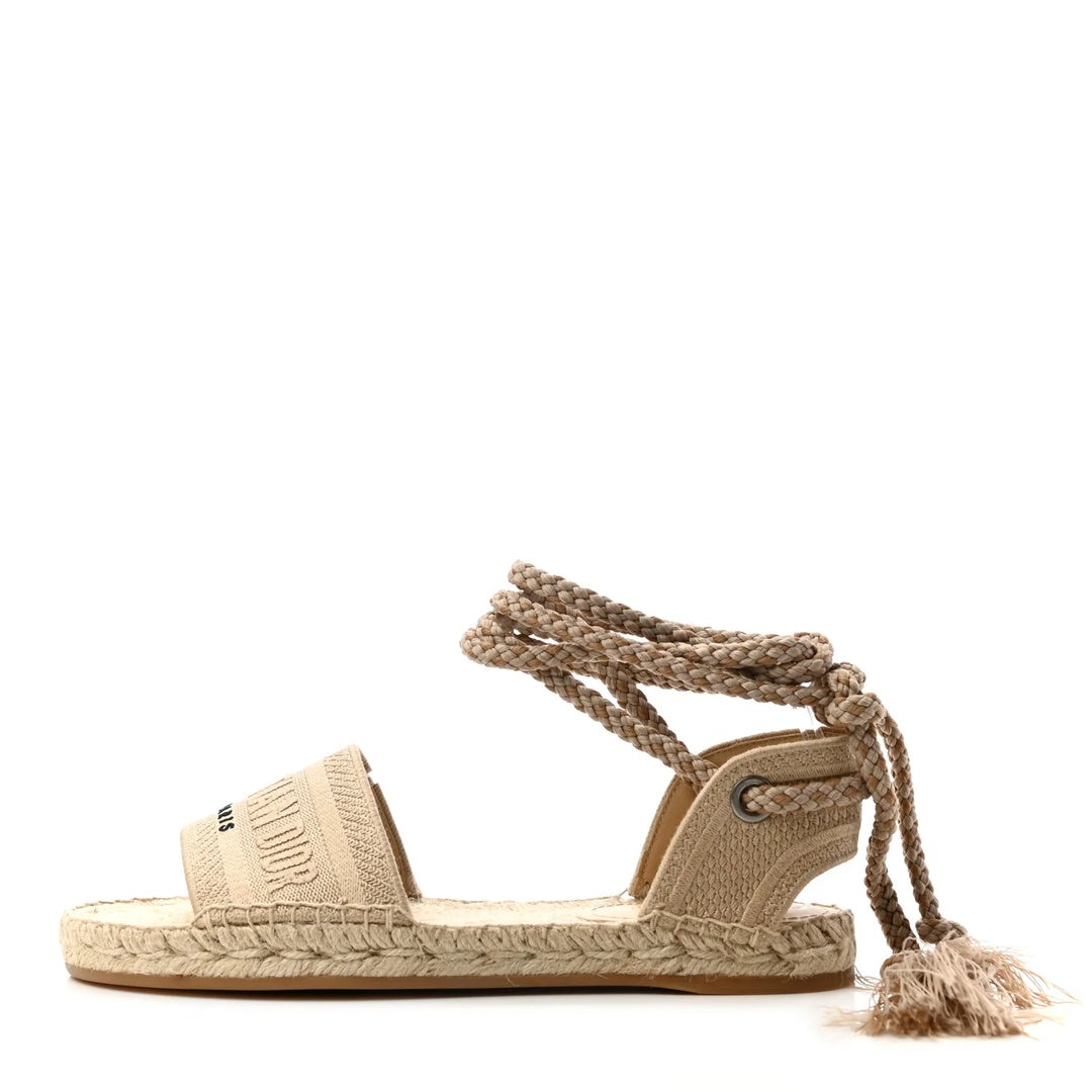 CHRISTIAN DIOR CANVAS EMBROIDERED GRANVILLE ANKLE TIE ESPADRILLE FLAT SANDAL CREAM