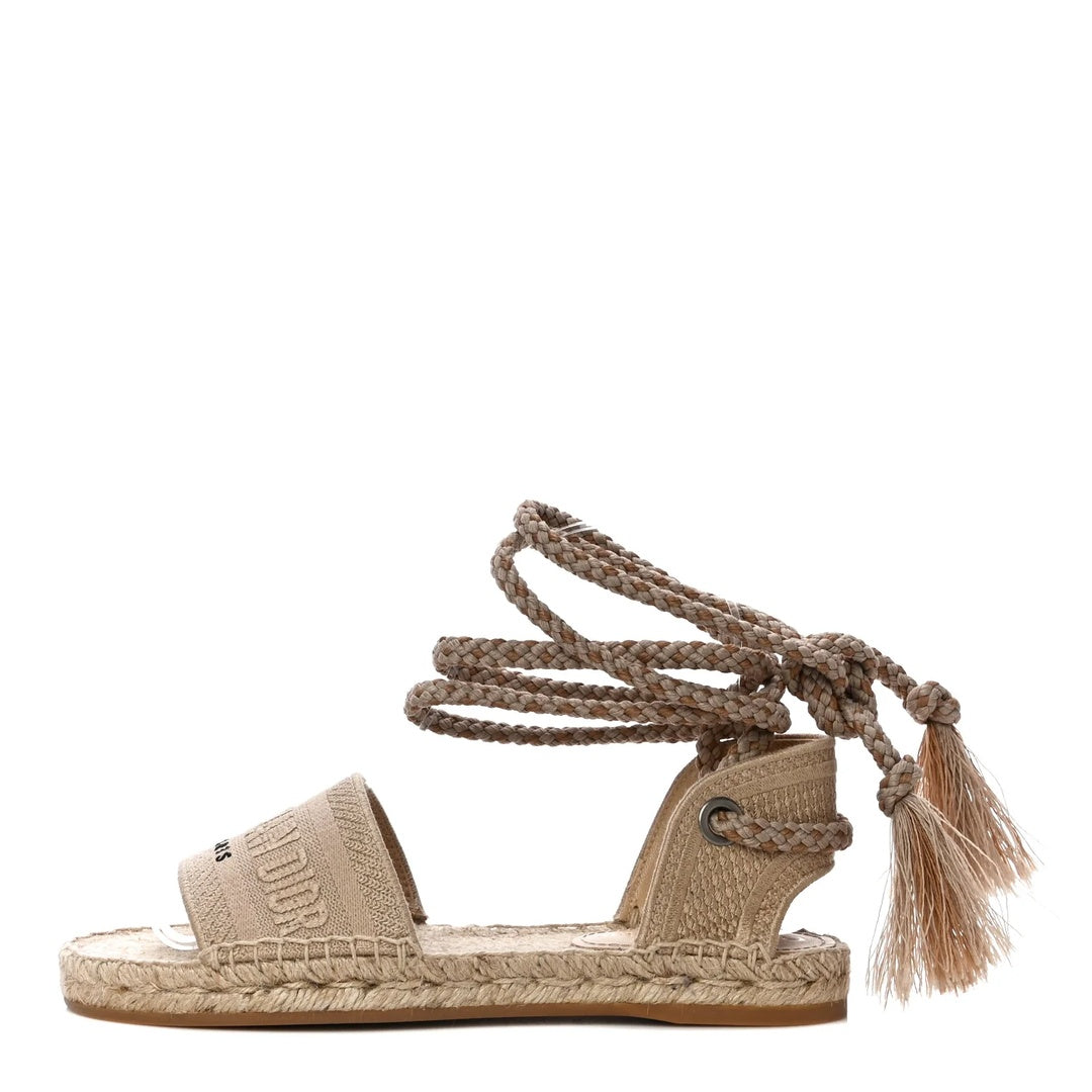 CHRISTIAN DIOR CANVAS EMBROIDERED GRANVILLE ANKLE TIE ESPADRILLE FLAT SANDAL CREAM