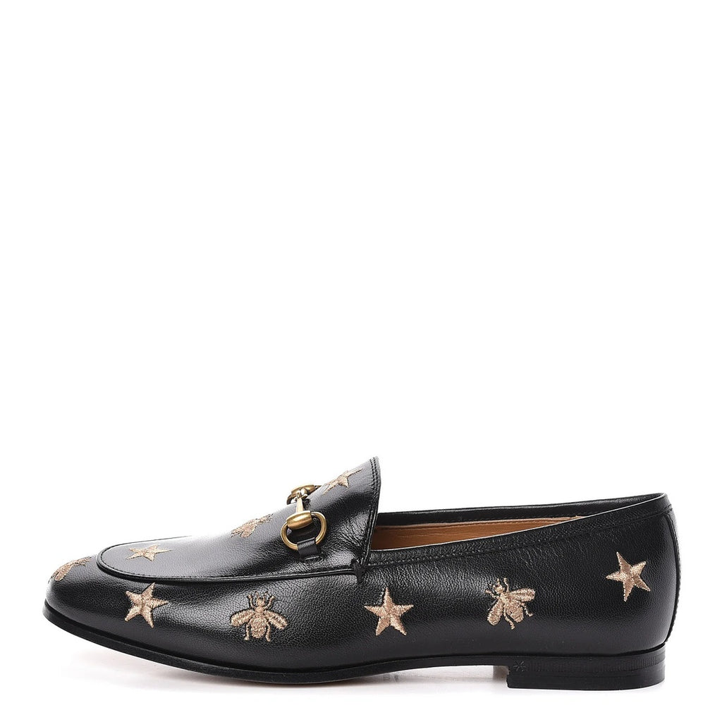 GUCCI GOATSKIN BEE STAR EMBROIDERED JORDAAN LOAFERS BLACK