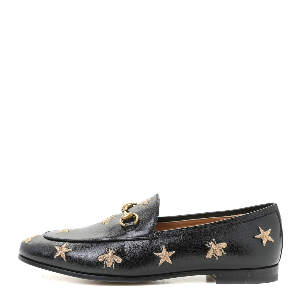 GUCCI GOATSKIN BEE STAR EMBROIDERED JORDAAN LOAFERS BLACK