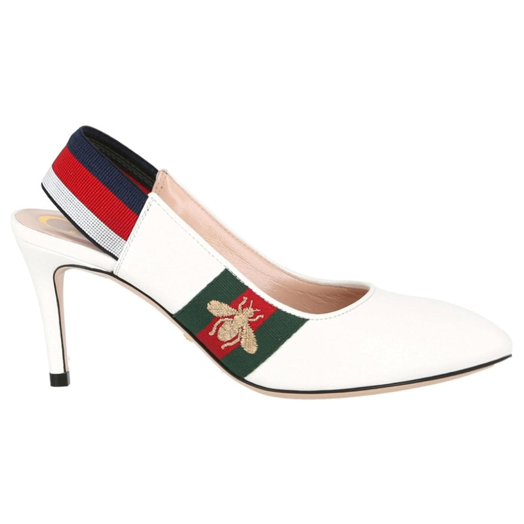 GUCCI SYLVIE WEB MID HEEL SLINGBACK PUMPS WHITE