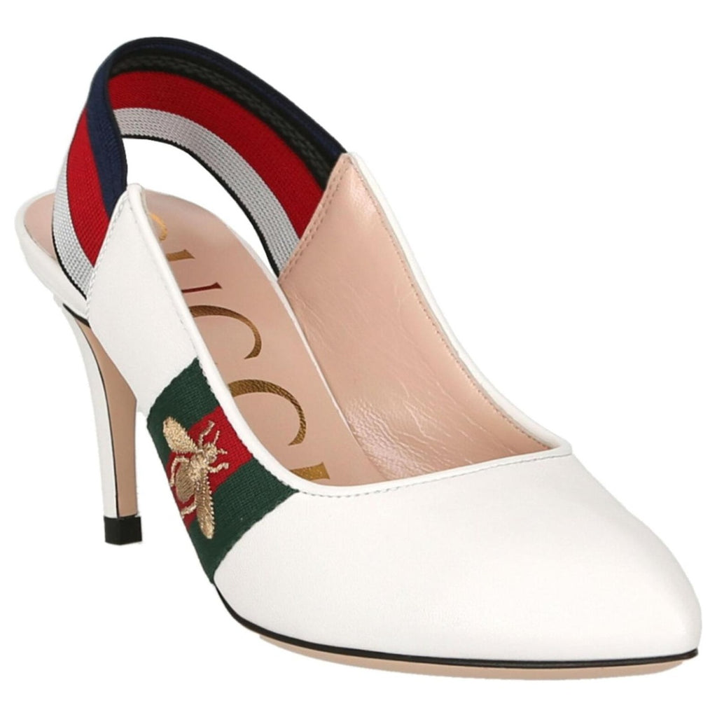 GUCCI SYLVIE WEB MID HEEL SLINGBACK PUMPS WHITE