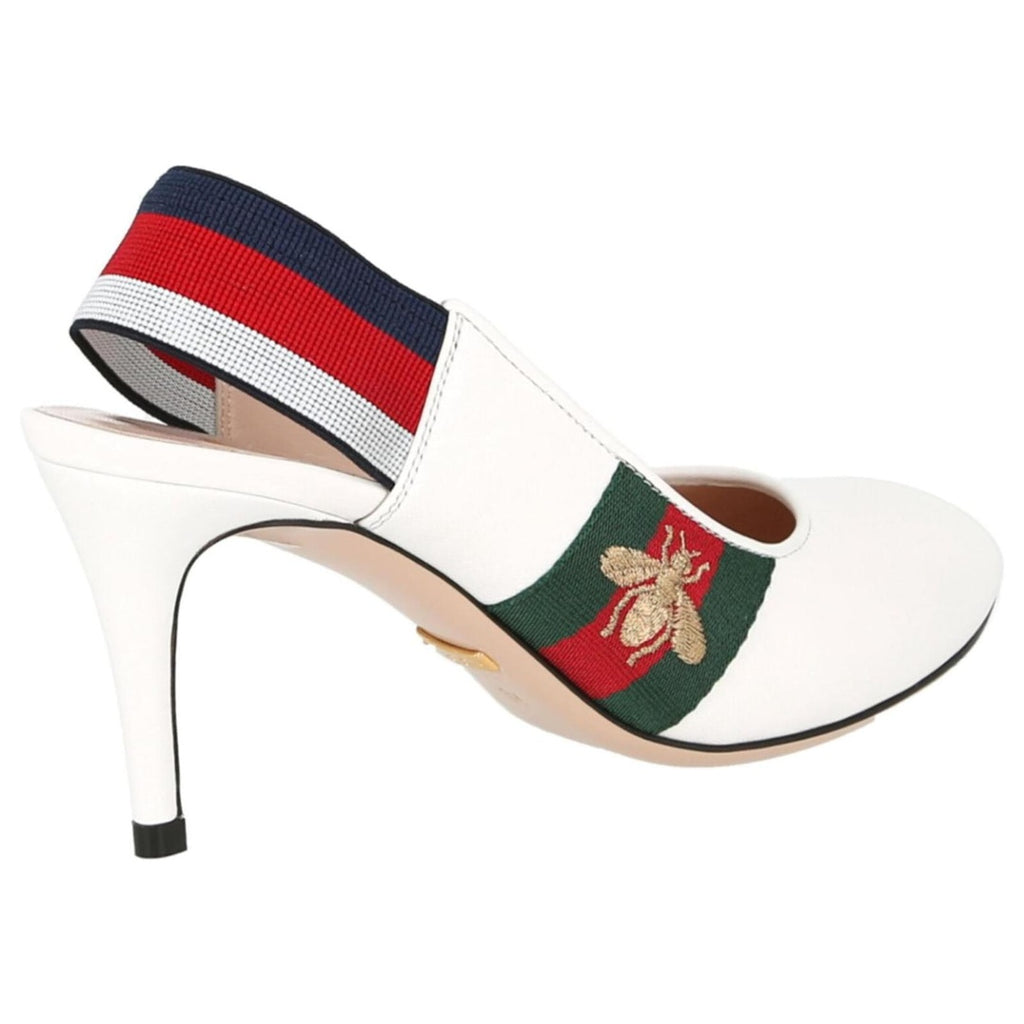 GUCCI SYLVIE WEB MID HEEL SLINGBACK PUMPS WHITE