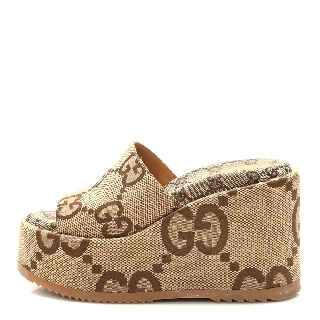 GUCCI MONOGRAM JUMBO GG PLATFORM SLIDE WEDGE SANDALS CAMEL EBONY CAMEL